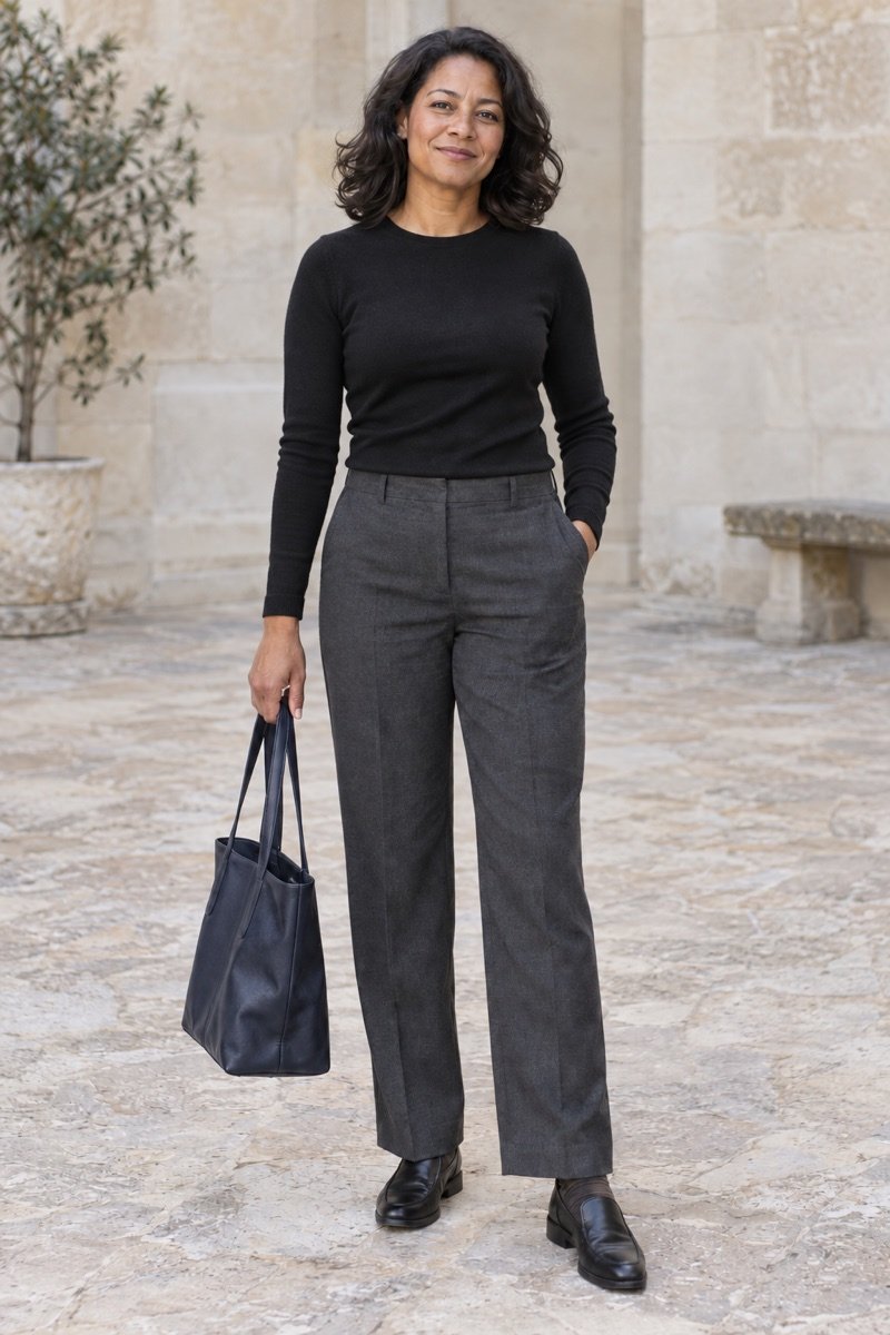 Indoor base: Black fine-knit crew neck, Charcoal tailored trousers, Black flat loafers, Warm long socks, Navy lightweight tote