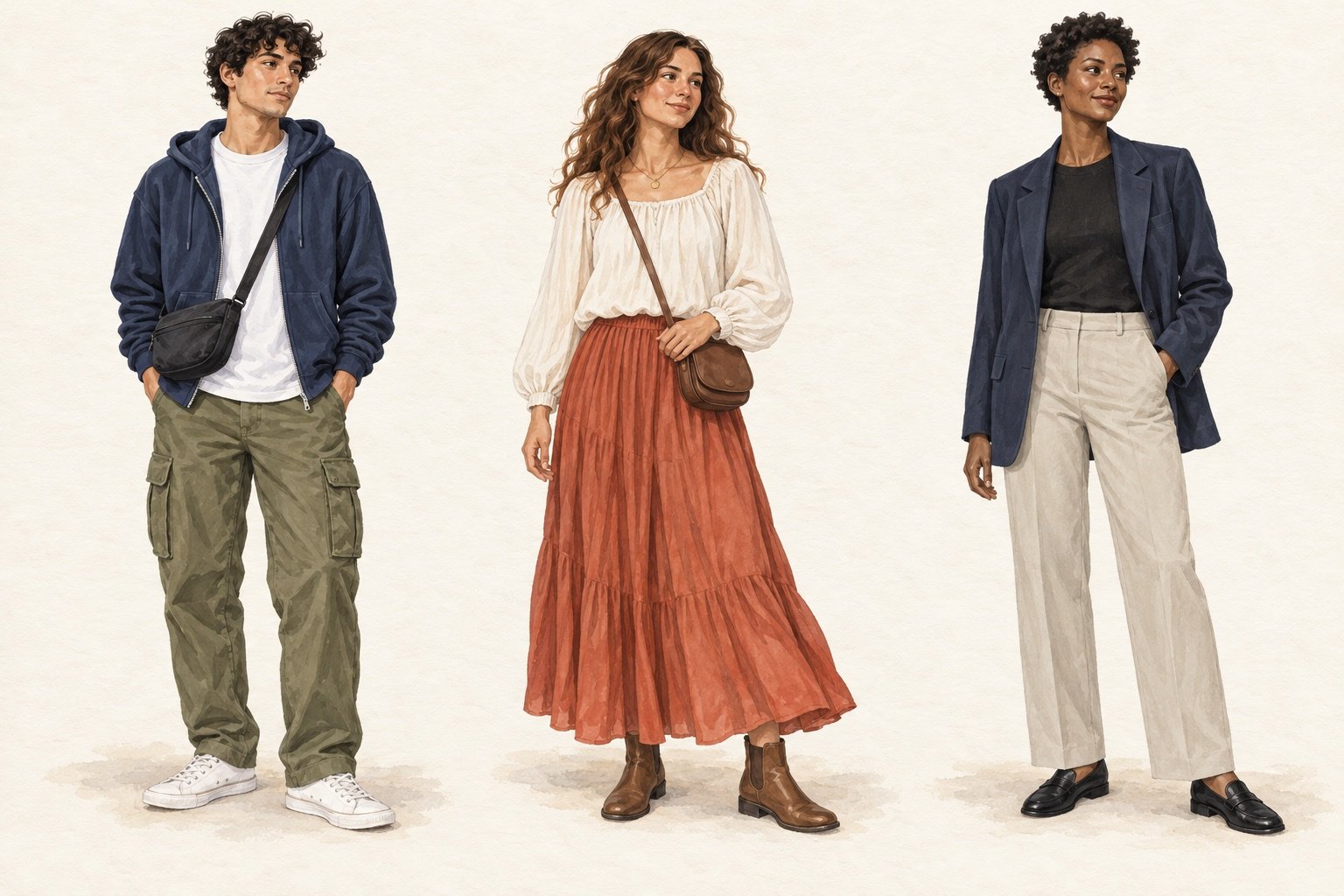 Illustrated comparison: open hoodie with cargo trousers; gathered blouse with flowing skirt; crew neck with straight trousers and blazer.